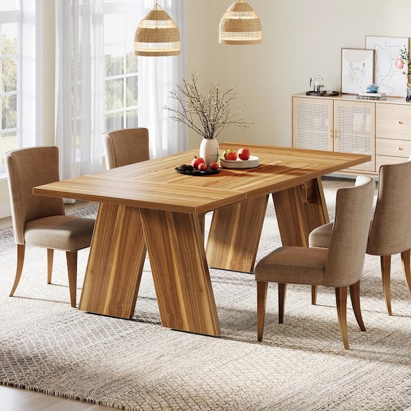 BYBLIGHT Sealey Farmhouse Brown Wood 71 in. Trestle Dining Table Seats 6 Rectangular Farmhouse Dinner Table with Solid Wood Legs