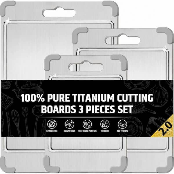 3pcs Silver Titanium Cutting Board Set Kitchen Double Sided with Grooves Silicone Anti-Slip Easy Clean