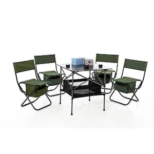 5-Piece Folding Aluminum Square Table and Chair Set for Outdoor Camping, Picnics, Beach, Backyard, Patio, Black/Green