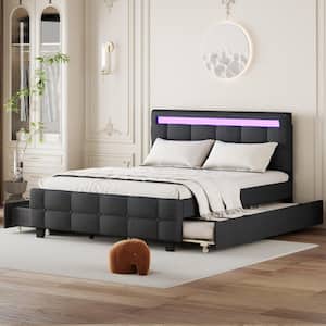 Gray Wood Frame Queen Size Linen Upholstered Platform Bed with LED Lighted Headboard, Twin XL Trundle, 2-Drawers