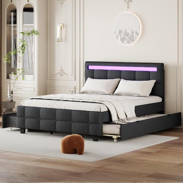 Harper & Bright Designs Gray Wood Frame Queen Size Linen Upholstered Platform Bed with LED Lighted Headboard, Twin XL Trundle, 2-Drawers