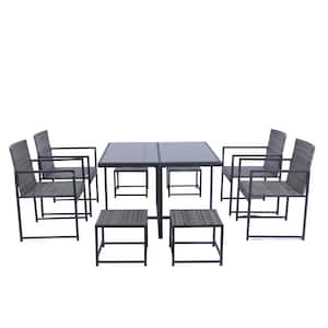 9-Piece Gray Wicker Patio Conversation Set with Dark Gray Cushions, Glass Tabletop