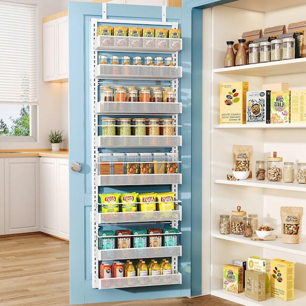 8-Tier White Adjustable Over the Door Pantry Organizer, Hanging Door Spice Rack, Spice Organizer for Kitchen