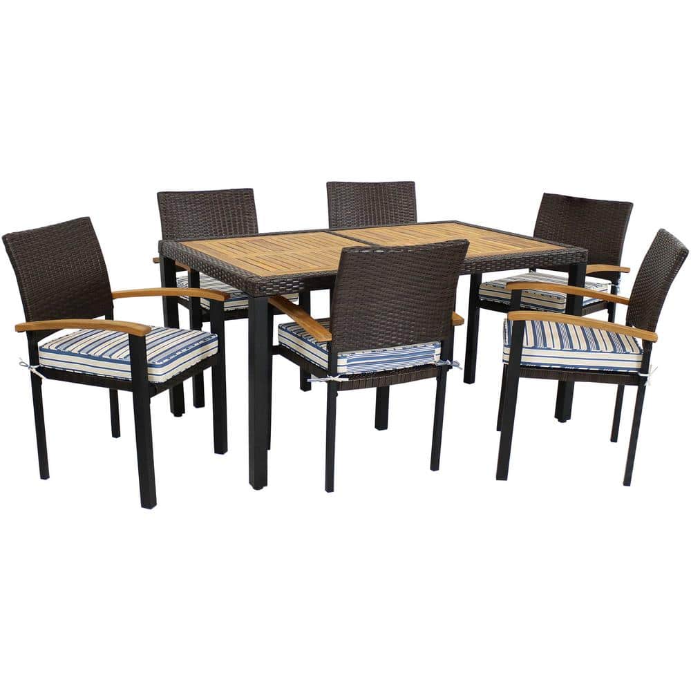Carlow 7-Piece Brown Rattan and Acacia Wood Patio Dining Set with Blue Cushions