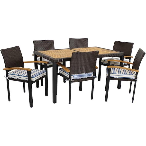 Sunnydaze Carlow 7-Piece Rattan and Acacia Patio Dining Set in Dark Brown/Blue Stripe