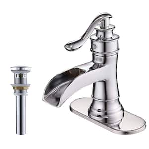 Single Handle Single Hole Waterfall Bathroom Sink Faucet with Deain Assembly and Deckplate Included in Polished Chrome