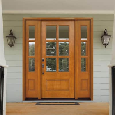 60 in. x 80 in. Craftsman Savannah 6 Lite RHIS Autumn Wheat Mahogany Wood Prehung Front Door with Double 10 in. Sidelite