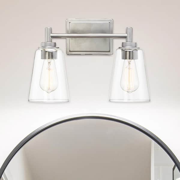 Westin 15 in. 2-Light Satin Platinum Industrial Vanity Light with Clear Glass Shades