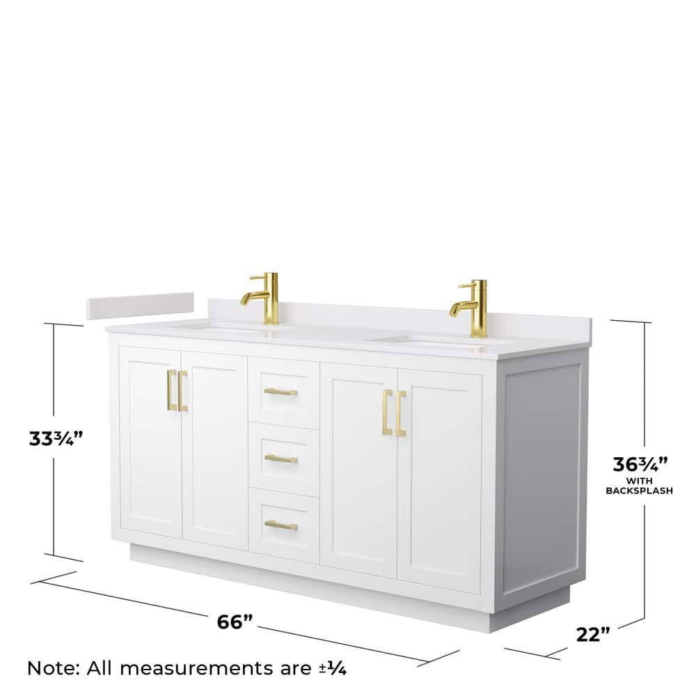 Miranda 66'' White Double Freestanding Bathroom Vanity with Marble Top and Gold Trim