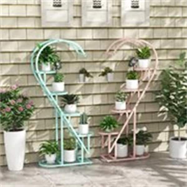 58in. H x 27 in. W x 12 in.D Indoor/Outdoor Pink and Blue Metal Plant Stand with Hanging Hook 5-Tier