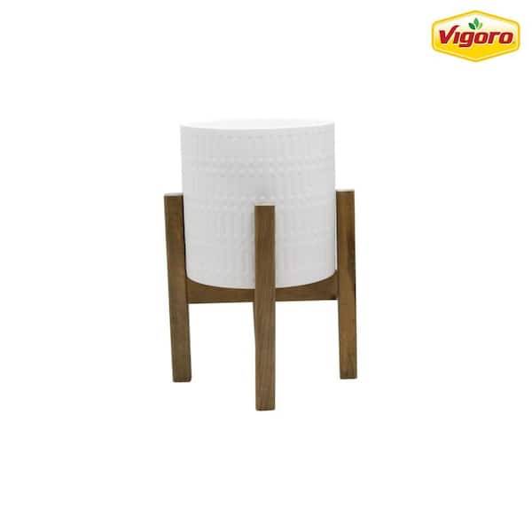 Corrine 1.5 Gal Medium Indoor Ceramic Planter in Wood Stand (10 in. L x 10 in. W x 16in. H)