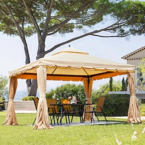 12 ft. x 12 ft. Outdoor Canopy Gazebo Double Roof Patio Gazebo Steel Frame with Netting and Shade Curtains, Beige