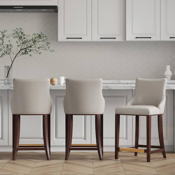 Manhattan Comfort Shubert 25.98 in. Light Grey Beech Wood Counter Stool with Faux Leather Upholstered Seat (Set of 3)
