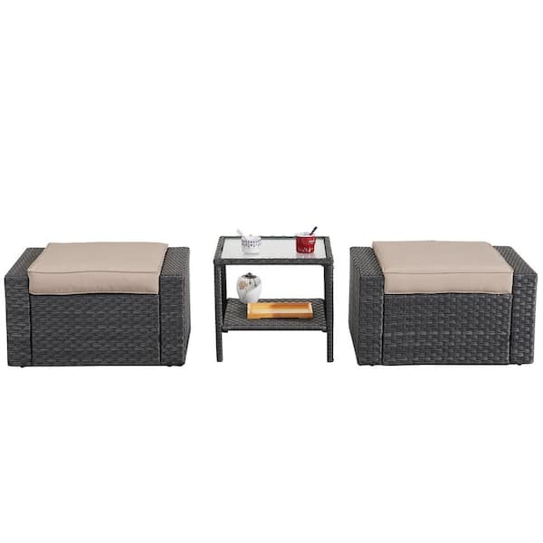 HOTEBIKE 3-Piece Black Wicker Outdoor Ottomans Patio Conversation Set with Cushion Guard Khaki Cushion and Coffee Table (2-Pack)