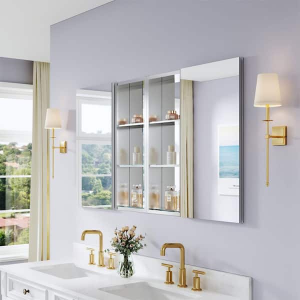56 in. W x 30 in. H Rectangular Polished Aluminum Tri-view Soft Close Medicine Cabinet with Mirror Combo, Reversible