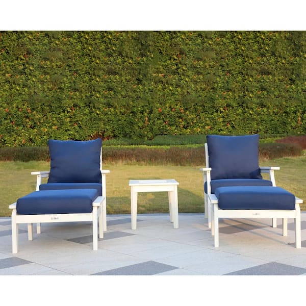 LuXeo Aspen 5-Piece Set White HDPE Deep Seating Chairs with Navy Polyester Cushions, Ottomans and End Table