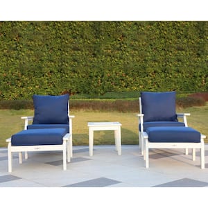 Aspen 5-Piece Set White HDPE Deep Seating Chairs with Navy Polyester Cushions, Ottomans and End Table