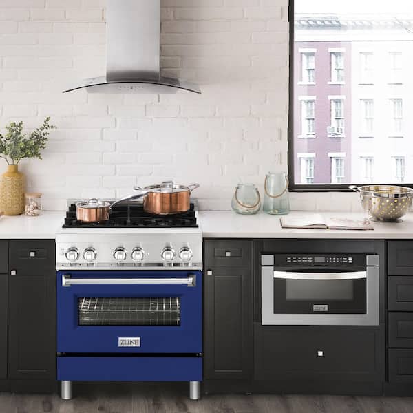 30 in. 4 Burner Dual Fuel Range with Blue Gloss Door in Stainless Steel