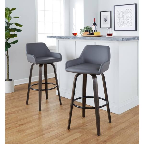 Lumisource Daniella 29.25 in. Grey Faux Leather, Walnut Glazed Wood and Black Metal Fixed-Height Bar Stool (Set of 2)