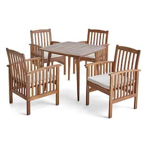 Casa Acacia Teak Brown 5-Piece Acacia Wood Square Table with Straight Legs Outdoor Dining Set with Cream Cushions