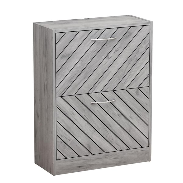 Gray Wood Grain Shoe Storage Cabinet with 2-Drawers and 4-Compartments Max Up To 12-Pair