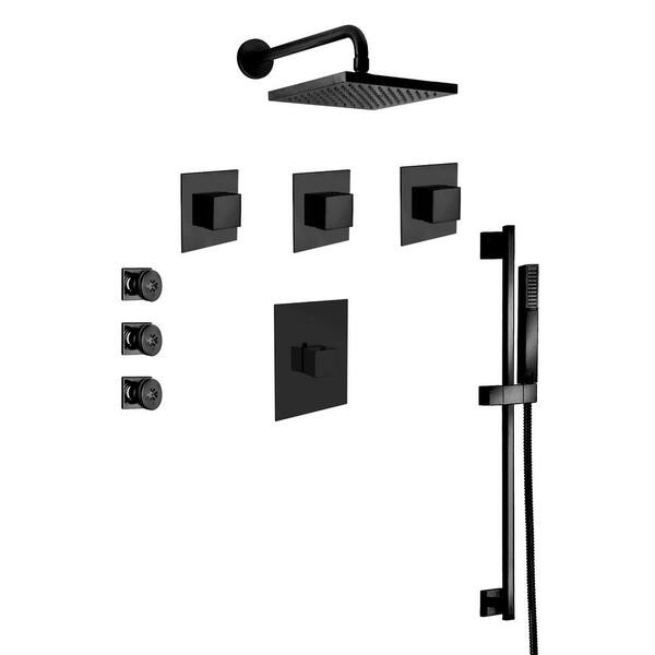 LaToscana Quadro 3-Spray Wall Bar Shower Kit with Rain Shower Head and Body Jets in Matte Black