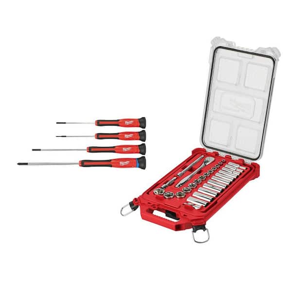 Milwaukee 4-Piece Precision Screwdriver Set & 3/8 in. Drive SAE Ratchet and Socket Mechanics Tool Set with PACKOUT Case (32-Piece)