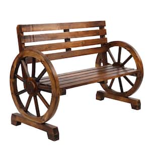 41.1 in. W x 21.1 in. D x 30.9 in. H Rustic 2-Person Wooden Wagon Wheel Bench with Slatted Seat and Backrest, Brown