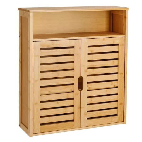 Dracelo 23.11 in. W x 8.07 in. D x 26.18 in. H Natural Bamboo Bathroom Wall Cabinet with Adjustable Shelf and Double Doors