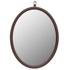 23.62 in. W x 29.92 in. H Oval in PU Covered MDF Framed Wall Bathroom Vanity Mirror in Brown Woven Grain