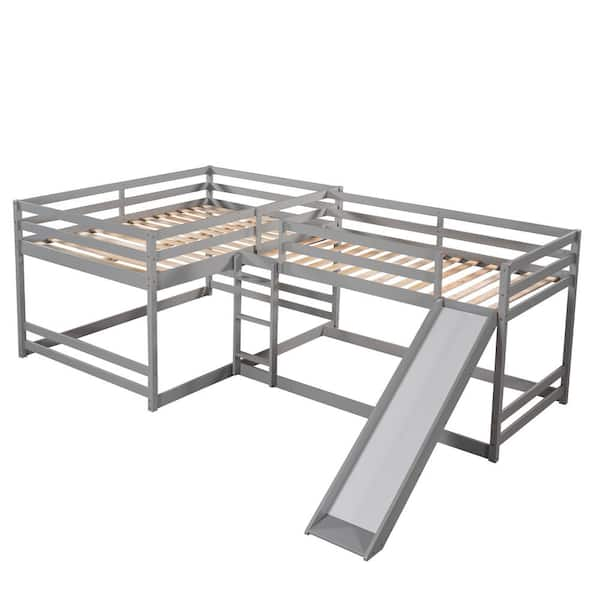 GOSALMON Gray Full and Twin Size L-Shaped Bunk Bed with Slide and