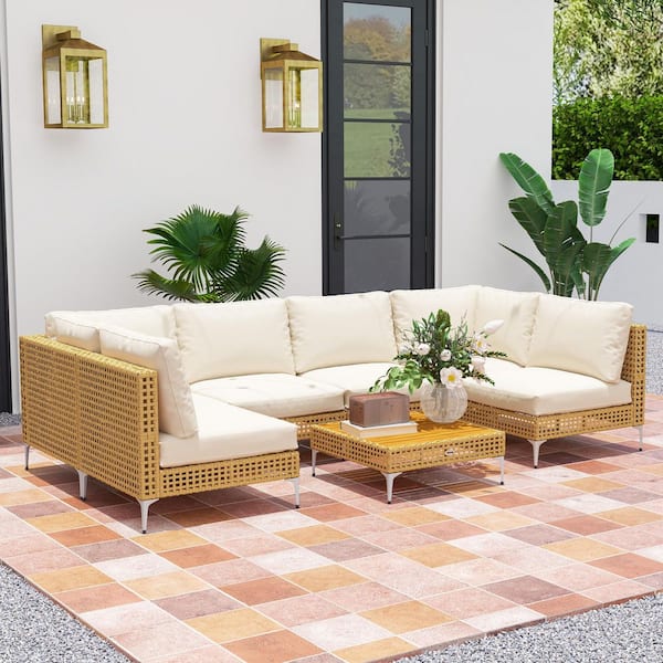 7-Piece Wicker Outdoor Sectional Set with Cushions, Rattan Furniture Conversation Set with Table, Khaki/Beige