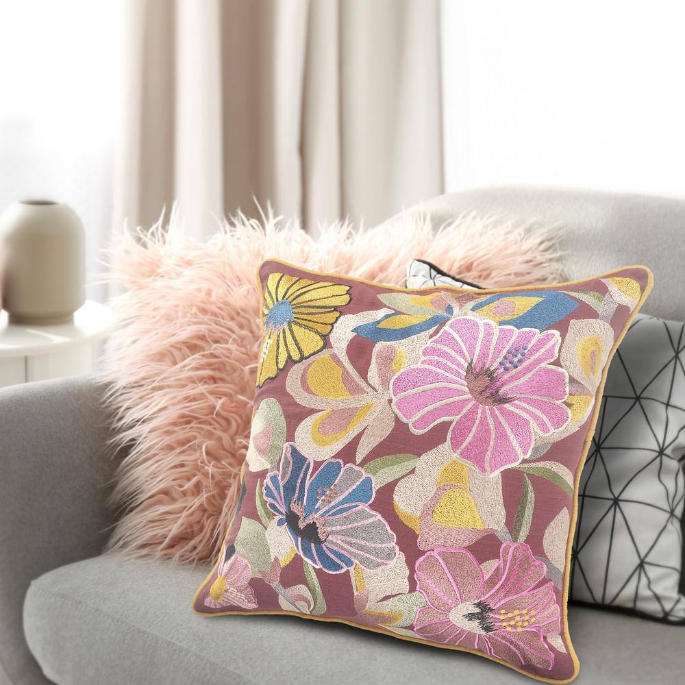 Hibiscus Floral Multi-Color Cotton Square Throw Pillow, 20"