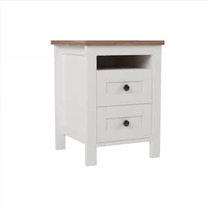 Sleek Lines White and Brown 2-Drawer Farmhouse Wooden Nightstand with Durable Handles and Open Shelf