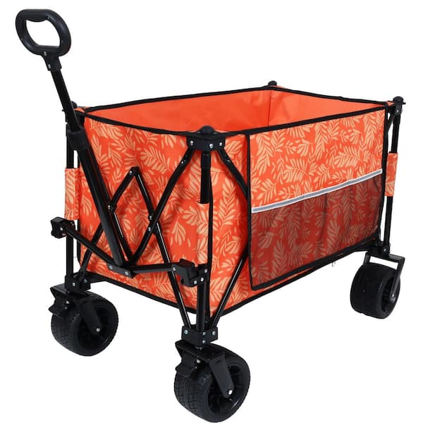 5.3 cu. ft. Steel Folding Utility Garden Cart Powered Wheelbarrow with All-Terrain Wheels, Side Pocket and Brakes Orange