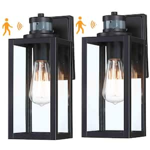 12 in. 1-Light Matte Black Motion Sensing Dusk to Dawn Outdoor Wall Lantern Sconce Sensor(2-Pack)