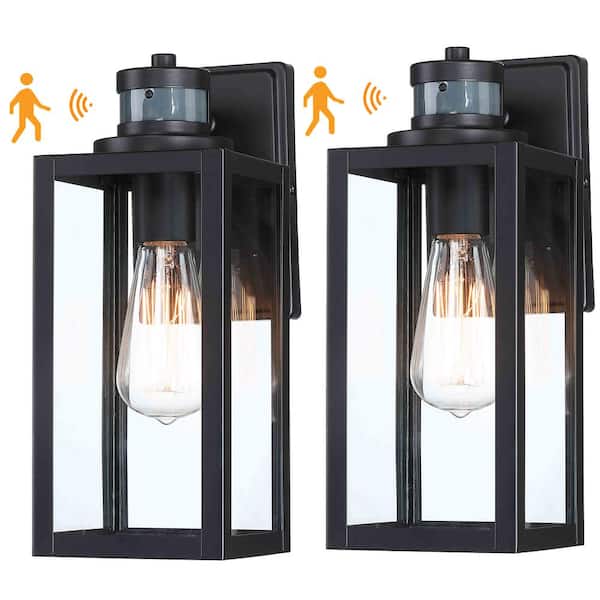 Uixe 12 in. 1-Light Matte Black Motion Sensing Dusk to Dawn Outdoor Wall Lantern Sconce Sensor(2-Pack)