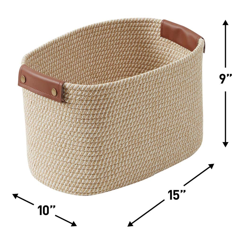 Set of 3 Beige Woven Cotton Rope Storage Baskets with Leather Handles