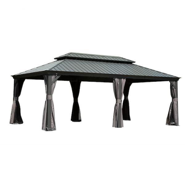 14 ft. x 20 ft. Outdoor Gray Aluminum Frame Galvanized Steel Hardtop Gazebo with Curtains and Netting