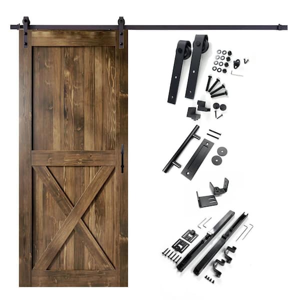 HOMACER 54 in. x 84 in. X-Frame Walnut Solid Pine Wood Interior Sliding Barn Door with Hardware Kit, Non-Bypass
