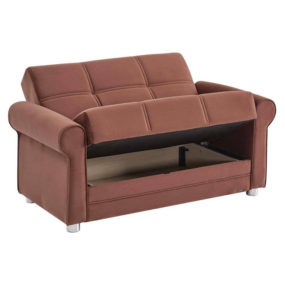 Chenille Brown Microfiber Loveseat with Round Arm and Storage