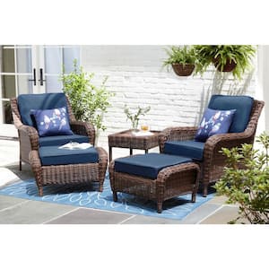 Cambridge Brown Wicker Outdoor Patio Ottoman with CushionGuard Midnight Navy Blue Cushions