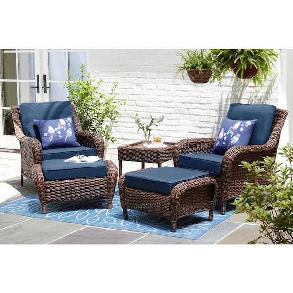 Cambridge Brown Wicker Outdoor Patio Ottoman with CushionGuard Midnight Navy Blue Cushions