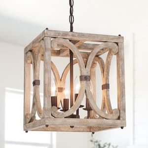 Farmhouse Modern Wood Square Chandelier, 4-Light Rusty Brown Candlestick Cage Pendant Light for Dining Room, Kitchen