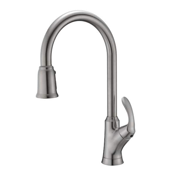 Ultra Faucets Stilleto Single-Handle Pull-Down Sprayer Kitchen Faucet with Accessories in Rust and Spot Resist in Brushed Nickel