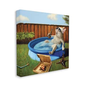 "French Bulldog Drinking Summer Pool Pet Humor" by Lucia Heffernan Unframed Animal Canvas Wall Art Print 17 in. x 17 in.