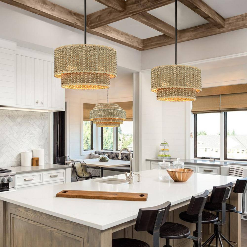 Matte Black 2-Light Adjustable Rattan Drum Chandelier