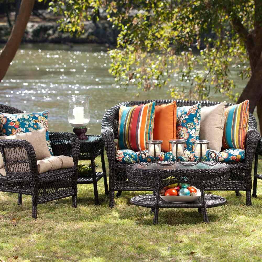 Blue and Tan Botanical Pattern Outdoor Throw Pillow Set