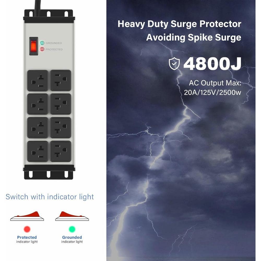15 ft Gray Heavy Duty Metal Power Strip with 8 Outlets