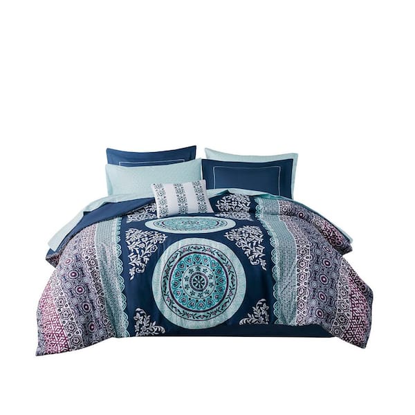 Unbranded 9-Piece Navy Queen Polyester Boho Comforter Set with Matching Sham, Decorative Pillow, Bedskirt and Bed Sheets